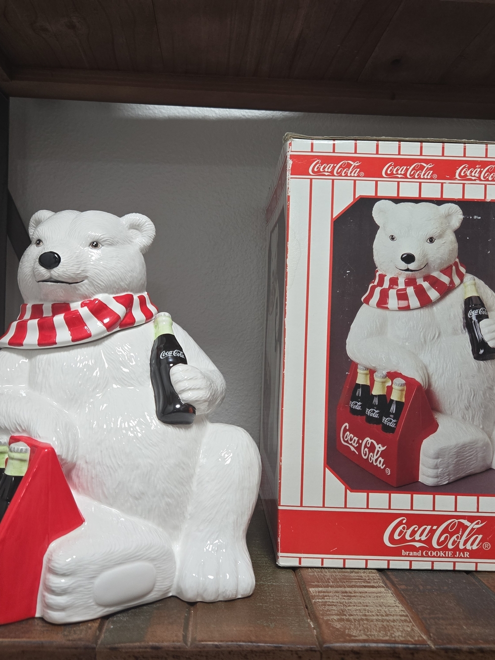 Coca Cola White Polar Bear Cookie Jar with Red Scarf